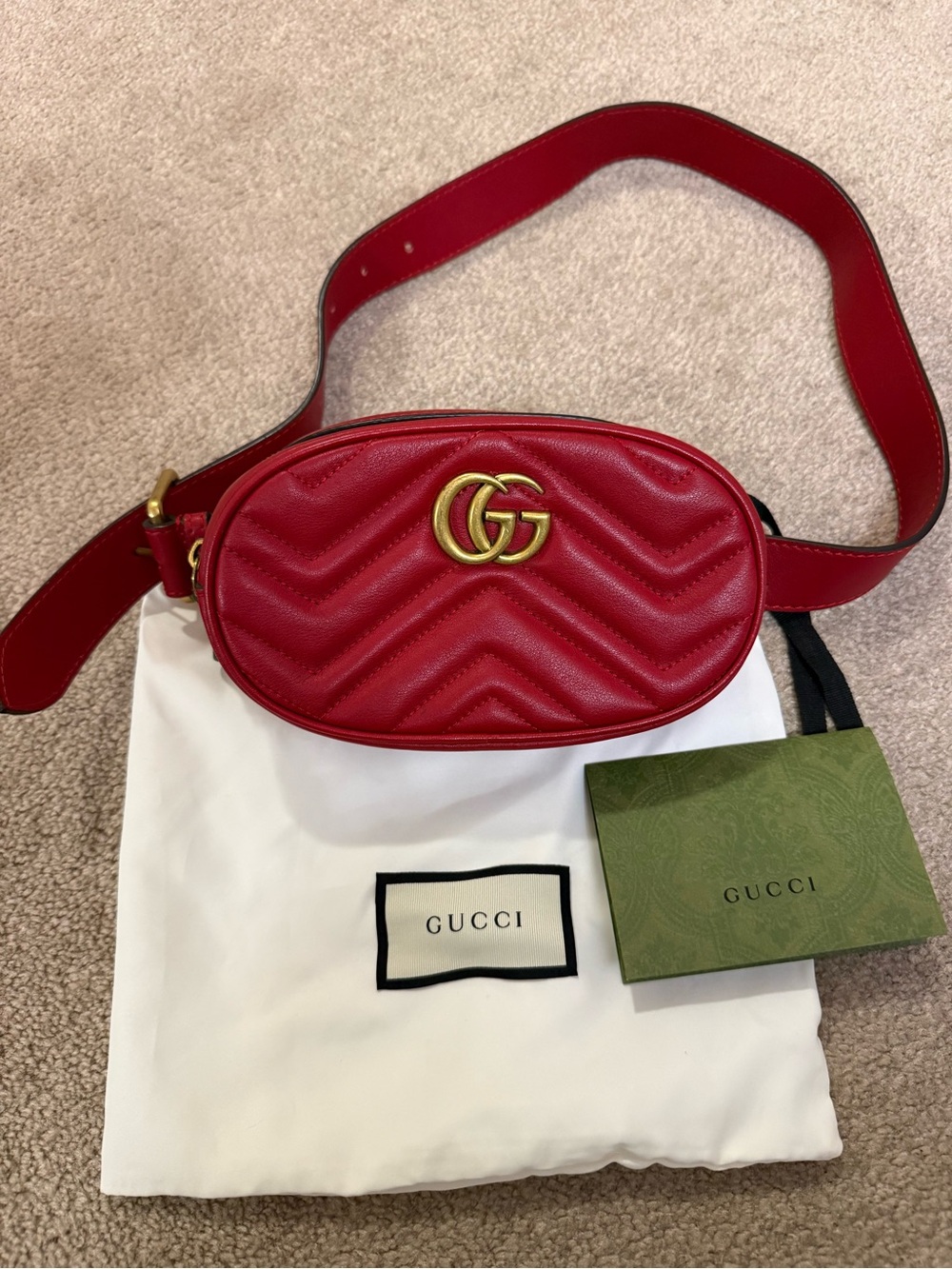 Gucci Red GG Marmont Chevron Crossbody Belt Bag 95